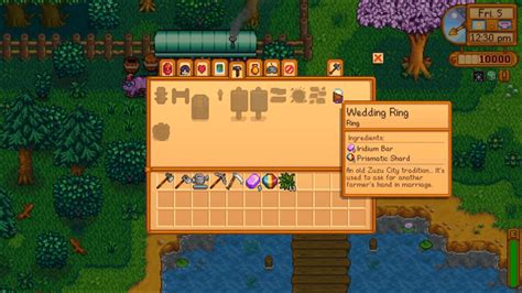 Unlike marrying a villager in the game, the wedding ring allows the playable character to either accept to decline your proposal request. . Wedding ring recipe stardew